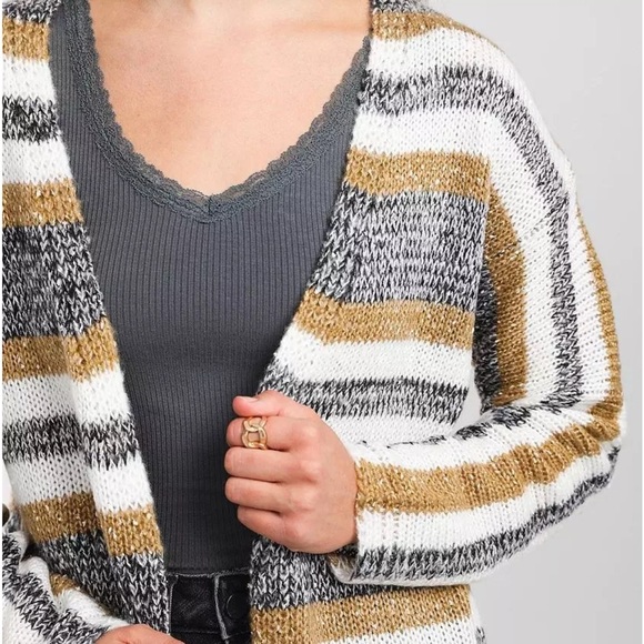 Daytrip Shredded Back Knit Cardigan Size Large Striped Longline Duster - Picture 3 of 9